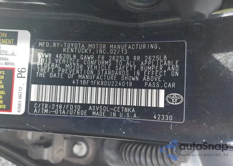 2013 Toyota Camry Le из США, поврежденный, VIN 4T1BF1FK8DU224018